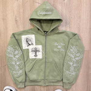 Sudadera con capucha bordada desgastada con lavado ácido de algodón pesado de 600 Gsm personalizada sudadera con cremallera y hombros caídos rasgados - Product Image 6