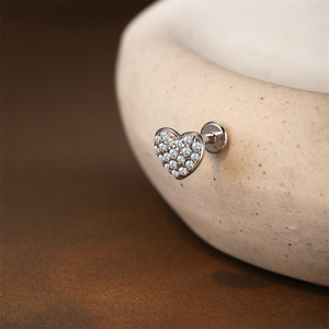 100% 925 Sterling <b>Silver</b> Moissanite Flat Back Piercing <b>Stud</b> Heart Marquise Geometric Triangle Single Row Cartilage Earring - Product Image 2