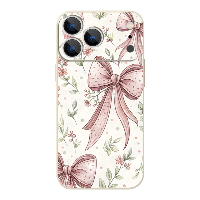 Scrawl Bowknot Cherry Flower Printing Straight Edge Mobile Phone Cover Case for Iphone X Xr Xs 11 12 13 14 15 16 17 Pro Max Air