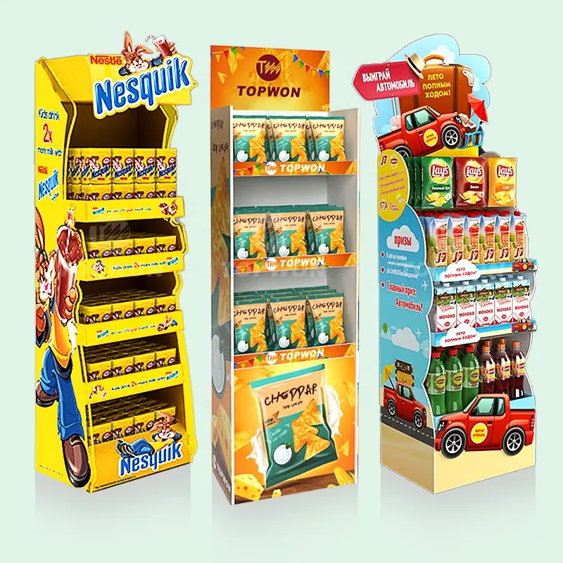 Papier Pop Floor Retail Winkel Product Display Unit Stands Gegolfd Snoep Voedsel Dranken Kartonnen Display Rack