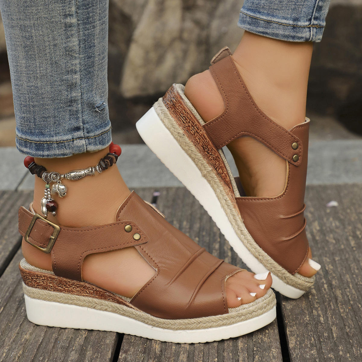 Plus Size Ladies Wholesale Casual Summer Thick Soles Flat Wedge Straw  Buckle Hemp Rope Wedges Sandals Women Shoes