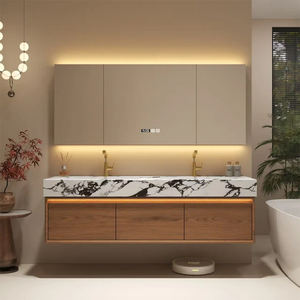 Ensemble de Meuble-Vasque de Salle de Bain Suspendu Moderne avec Rangement, Double Vasque en Chêne Massif Blanc - Product Image 5