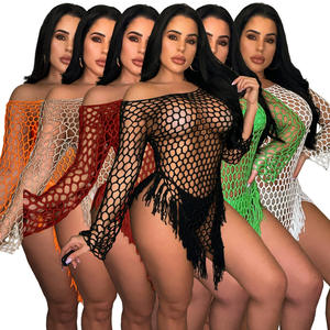 6 couleurs STOCK hors épaule évider Bikini fait à la main Crochet plage couvrir franges voir à travers imprimer 100% Polyester artisanat - Product Image 1