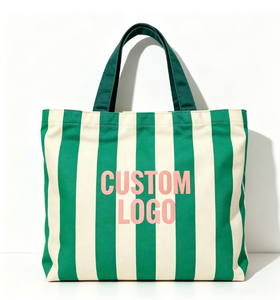 Sac fourre-tout en toile de coton rayé rose et vert, grand format, écologique, personnalisé avec logo, pour femmes, idéal pour le shopping, la plage et l'usage quotidien – Vente en gros directe usine - Product Image 2