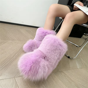 Luxe marron rose véritable fourrure de renard couleur unie bottes de neige plates dames bout rond réchauffement sans lacet haut loisirs mi-mollet bottes - Product Image 6