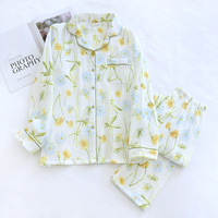 Ensemble de gaze crêpe japonaise en pur coton printemps automne pantalon à manches longues avec fermeture à la taille élastique Cardigan léger pour un usage domestique