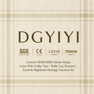 Ensemble haut à col polo et demi-fermeture en lin mélangé à rayures écossaises 160 GSM + pantalon large pour femme, style Highland, OEM XS-5XL - Product Image 5