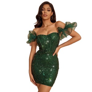 Minivestido <span class=keywords><strong>Verde</strong></span> <span class=keywords><strong>Esmeralda</strong></span> <span class=keywords><strong>con</strong></span> Lentejuelas para Mujer, Hombros Descubiertos, Mangas <span class=keywords><strong>con</strong></span> Volantes, Estilo Corsé, Ajustado, para Fiesta, Cóctel, Club - Product Image 1