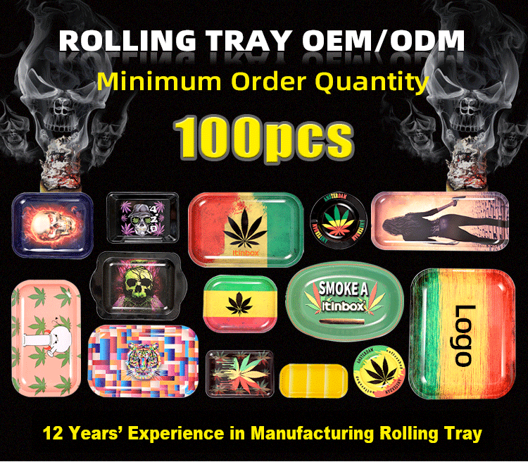 Factory wholesale custom metal tin rolling tray herb tobacco smoking tray food serving tray