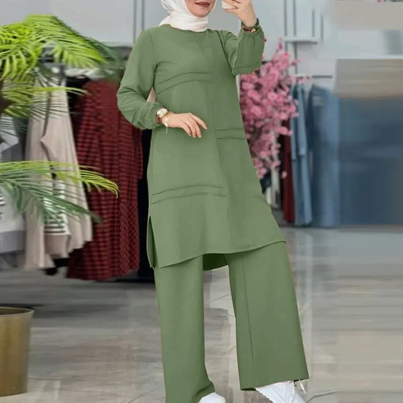 Sıcak satış şerit islam giyim 2 parça mütevazı setleri Abaya takım müslüman tunik üst ve pantolon Set