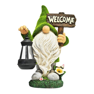 Resin <strong>Large</strong> Flocked Welcome <strong>Gnome</strong> with Lantern Solar Powered LED Welcome Sign Outdoor Decor <strong>Garden</strong> Light - Product Image 1