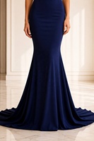 Fournisseur de robes de soirée sirène sans bretelles en satin respirant, sur mesure, bleu marine, longueur ras du sol avec traîne, vente en gros