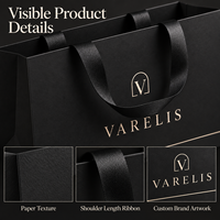 Sacs shopping en papier noir de luxe personnalisés avec poignées en ruban longues pour l'emballage promotionnel de détail, commandes en gros
