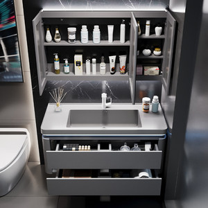 Light luxury hotel style rock integrated basin multifunctional intelligent <b>mirror</b> cabinet bathroom cabinet - Product Image 6