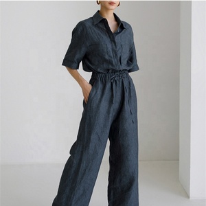 Personnalisé été modeste mode élégant décontracté <span class=keywords><strong>combishort</strong></span> femmes sans manches ceinturé taille barboteuse poches 100% <span class=keywords><strong>lin</strong></span> combinaison - Product Image 4