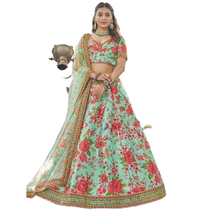Lehenga Choli de seda con estampado floral verde menta para bodas indias y paquistaníes - Product Image 1