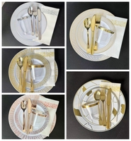 Service de vaisselle jetable doré 175 pièces pour fête, 25 invités : 25 assiettes en plastique dorées, 25 assiettes à dessert et couverts