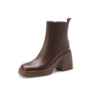 Bottes tendance rétro à bout carré, en cuir véritable, bout fermé, talon épais, fermeture éclair latérale, pour femme - Product Image 1