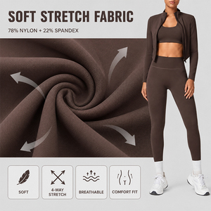 Women Gym Set 3 Piece Breathable High Waist Leggings Padded Sports Bra Long Sleeve <b>Zip</b> Jacket Workout Outfit - Product Image 2