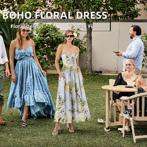 Boho stampa floreale con spalline sottili abito Midi da donna estate con scollo a V plissettato cintura sottile elegante impero Casual - Product Image 2