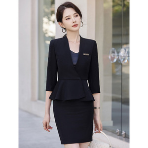 Women's <b>Light</b> Blue Suit Set Short Skirt Office Lady Satin Anti-Wrinkle Business <b>Work</b> Commuting Interview GS3033 - Product Image 3