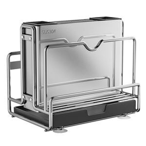 Support à couteaux moderne en acier inoxydable 304 avec plateau, compatible lave-vaisselle, égouttoir carré pour rangement des planches à découper de cuisine - Product Image 1