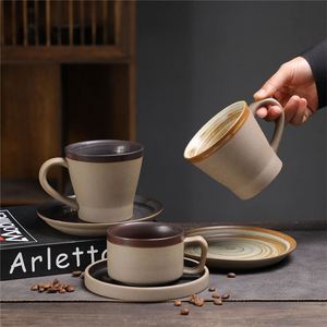 Japanese Style Coarse Pottery Ceramic <b>Espresso</b> Coffee Latte <b>Cups</b> with Handle and Saucer Set Afternoon Tea <b>Cup</b> for Cafe Shop - Product Image 2
