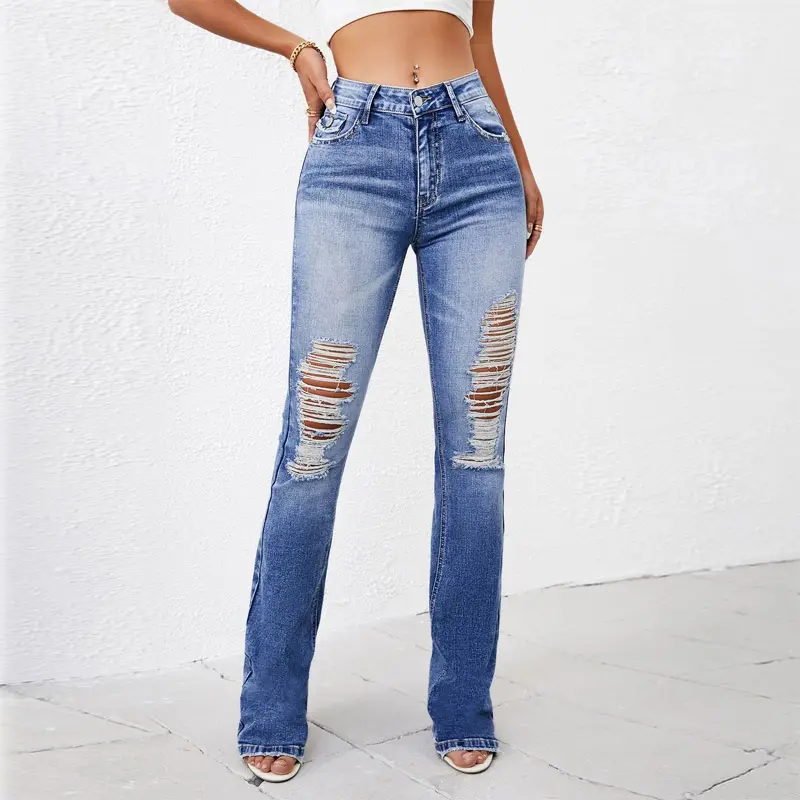 Fashionable Design Custom Summer Casual Womens High Stretch Slim Fit Ripped Skinny Straight Leg Cotton Denim Jeans