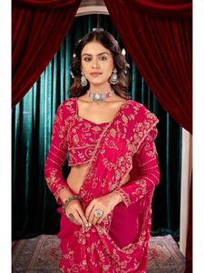 Premium Quality Heavy Fandy <b>Satin</b> Party Wear <b>Saree</b> with Decorative Heavy Beads Embroidery Designer Blouse Luxury Ethnic Wedding - Product Image 1
