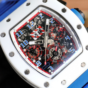 RM011 style White Ceramic Tonneau Flyback Chronograph <b>Watch</b> Men Luxury Skeleton Mechanical <b>Watch</b> With Blue <b>Rubber</b> Strap - Product Image 4