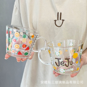 Glass Cup With Handle Measuring Scale For Milk Oatmeal Breakfast Student Use - Product Image 1