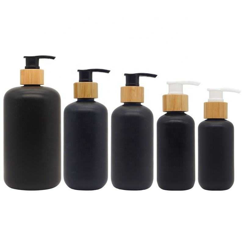 Mattschwarze Plastik flaschen 250ml HDPE Kosmetik flaschen mit Bambus lotion Pumpsp ender für Shampoo