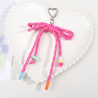 Porte-clés en polyester avec nœud en forme de cœur d'animal mignon de dessin animé chat et chien, breloque pour téléphone portable, pendentif, style INS Y2K, mousqueton tissé à la main
