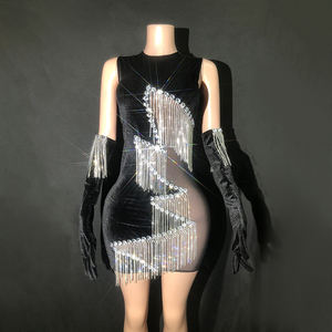 Diamantes de imitación cumpleaños boda invitado terciopelo vestido señora Sexy borla cena noche graduación Mini vestido mujeres Club fiesta traje - Product Image 1