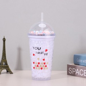 แก้วน้ำพลาสติกสองชั้น ขนาด 450 มล. ลายหัวใจ Sweet You And Me Love พร้อมหลอดดูด ฝาปอมปอม และลายหอไอเฟล - Product Image 4