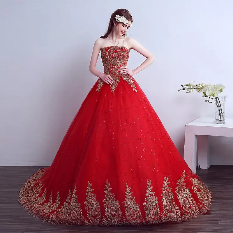 ใหม่2023ชุดแต่งงานลูกไม้สีแดงผ้าตาข่ายมีหางแบบจีนราคาถูกปักลายชุดเจ้าสาว