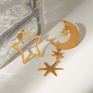 18-каратное золото из нержавеющей стали пятиконечная звезда полированная Луна гексаграмма обруч серьги небесная тема ювелирные изделия - Product Image 3