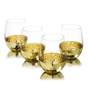 18oz Modern Stemless Wine Glasses with Hammered Brass Metal Bottom Set of 4