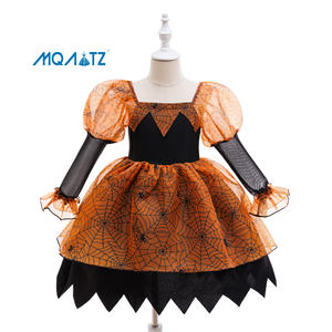 Nuevo Vestido Formal de Manga Larga para Niñas, Estampado de Telaraña Negra y Naranja, Cuello Redondo, Diseño Floral, para 8 Años - Product Image 2