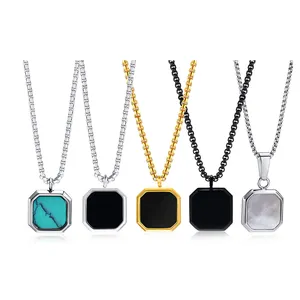 new Stainless steel glue dripping black gold shell turquoise square pendant sweater chain stainless steel necklace pendant