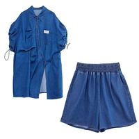 Nouvel ensemble décontracté d'été 2026 en jean pour femme : chemise et short, coupe asymétrique, délavé moyen, deux pièces, grande taille, style tunique ample