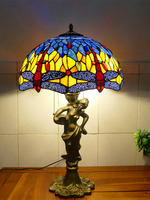 Lámpara de Mesa con Base de Resina y Estatua de Dama Estilo Retro Americano, para Sala de Estar, Hotel, Bar, Decoración con Vidrio de Colores y Flores