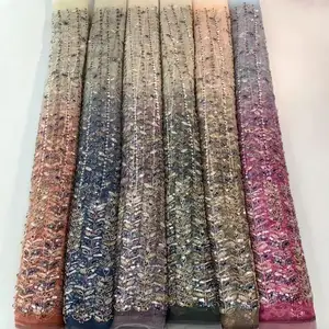 Kain renda bunga 3d warna gradien, desain payet manik-manik bunga 3d kain renda besar
