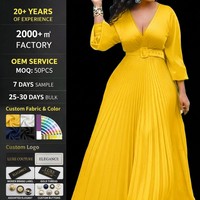 Robe longue plissée jaune personnalisée à col en V, manches lanternes, ceinture, en mousseline, pleine longueur, pour soirée élégante, OEM ODM