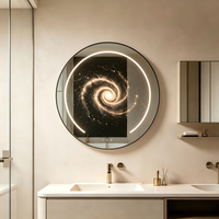 Miroir LED Spirale Galaxie à Cadre Noir Rond, Miroir Mural Intelligent de Salle de Bain avec Éclairage Arrière Anti-Buée Tactile et Décoratif