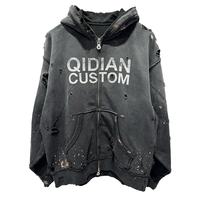 Sweat à capuche zippé vintage délavé avec logo personnalisé pour homme, style streetwear déchiré et effet éclaboussures de peinture, vente en gros TKAN0989