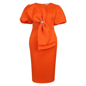 AM050114 estate manica corta a sbuffo grande fiocco aderente arancione Midi donna abito <span class=keywords><strong>da</strong></span> sera formale elegante - Product Image 2