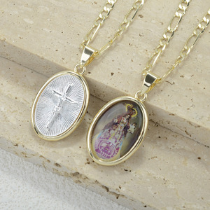 Pendentif Jésus 3D double face, Notre-Dame de <span class=keywords><strong>Fatima</strong></span>, Enfant Jésus, argent, plaqué or 14 carats, croix géante, collier religieux chrétien - Product Image 1