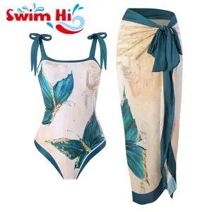 ワンピース水着セットファッションVネックプリント水着スカート付きタイトな女性の包帯水着