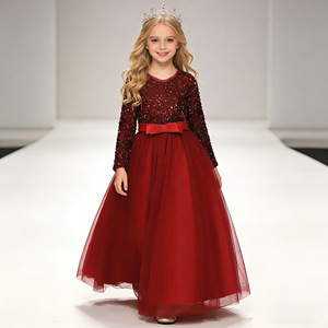 Girls Sequined Tulle Ball Gown Dress Burgundy O-Neck Long Sleeve Flower Girl Dress - Product Image 1
